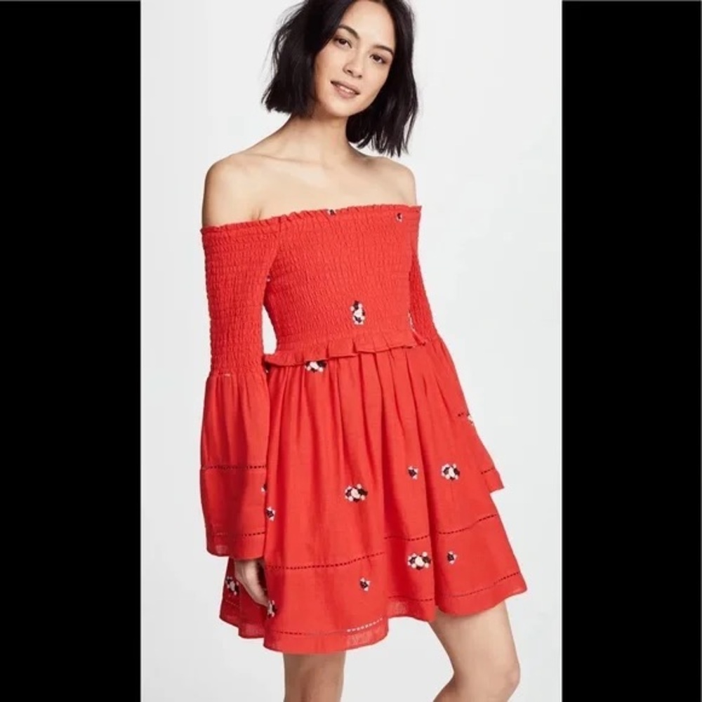 Free People Red Counting Daisies Embroidered Floral Mini Dress